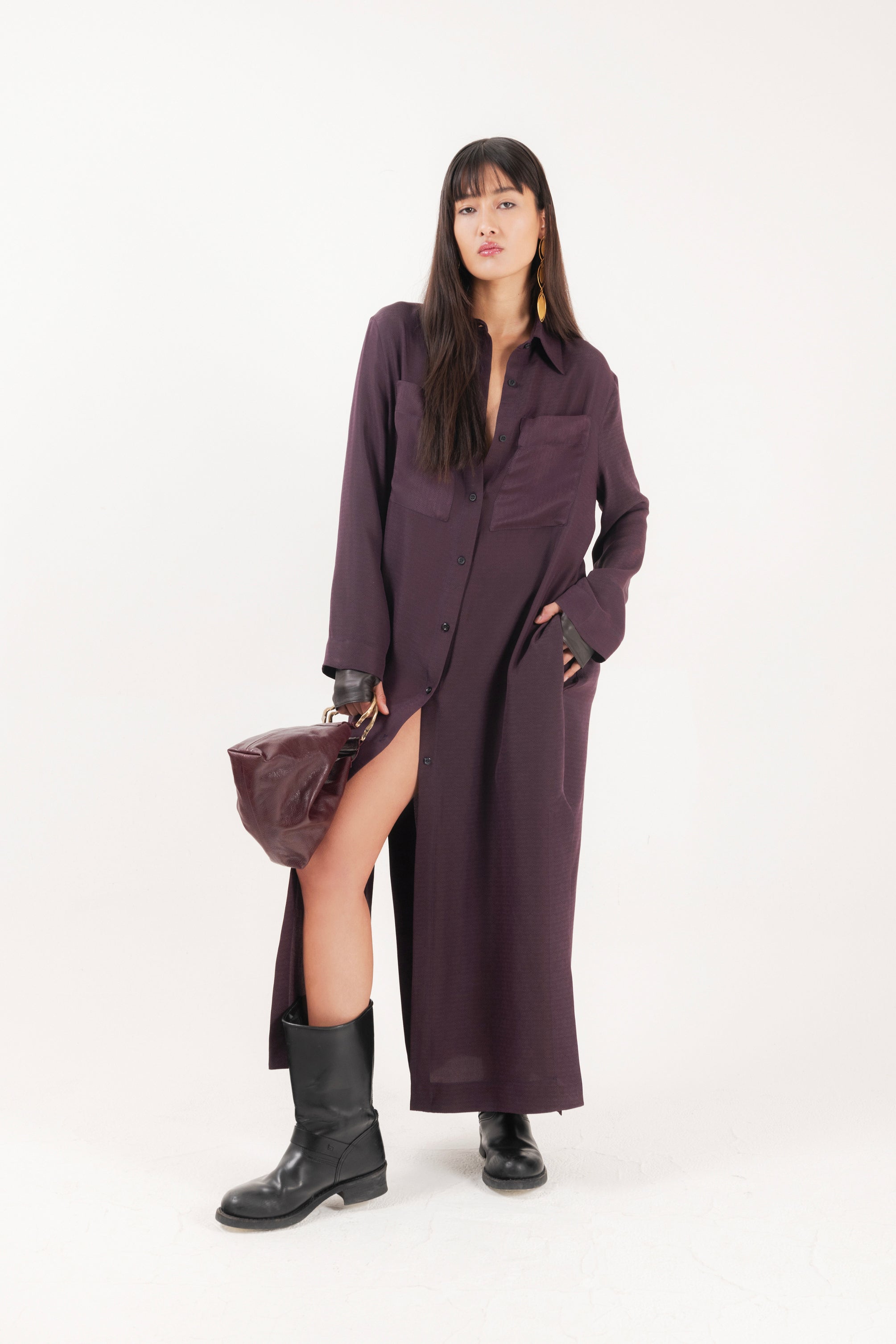 Abito chemisier lungo in viscosa colore bordeaux