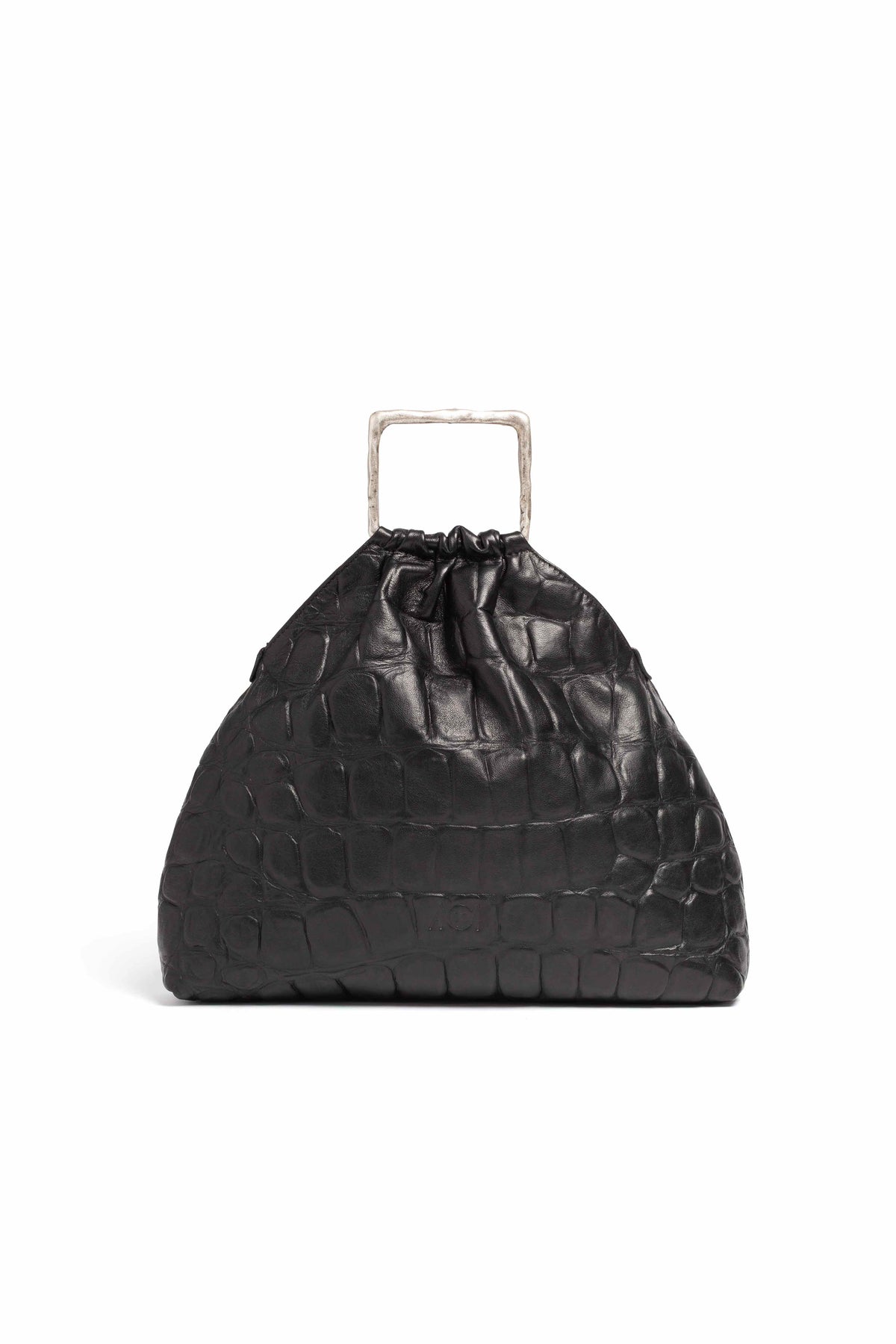 Borsa pouch in pelle effetto coccodrillo colore nero. Manico argento e tracolla.