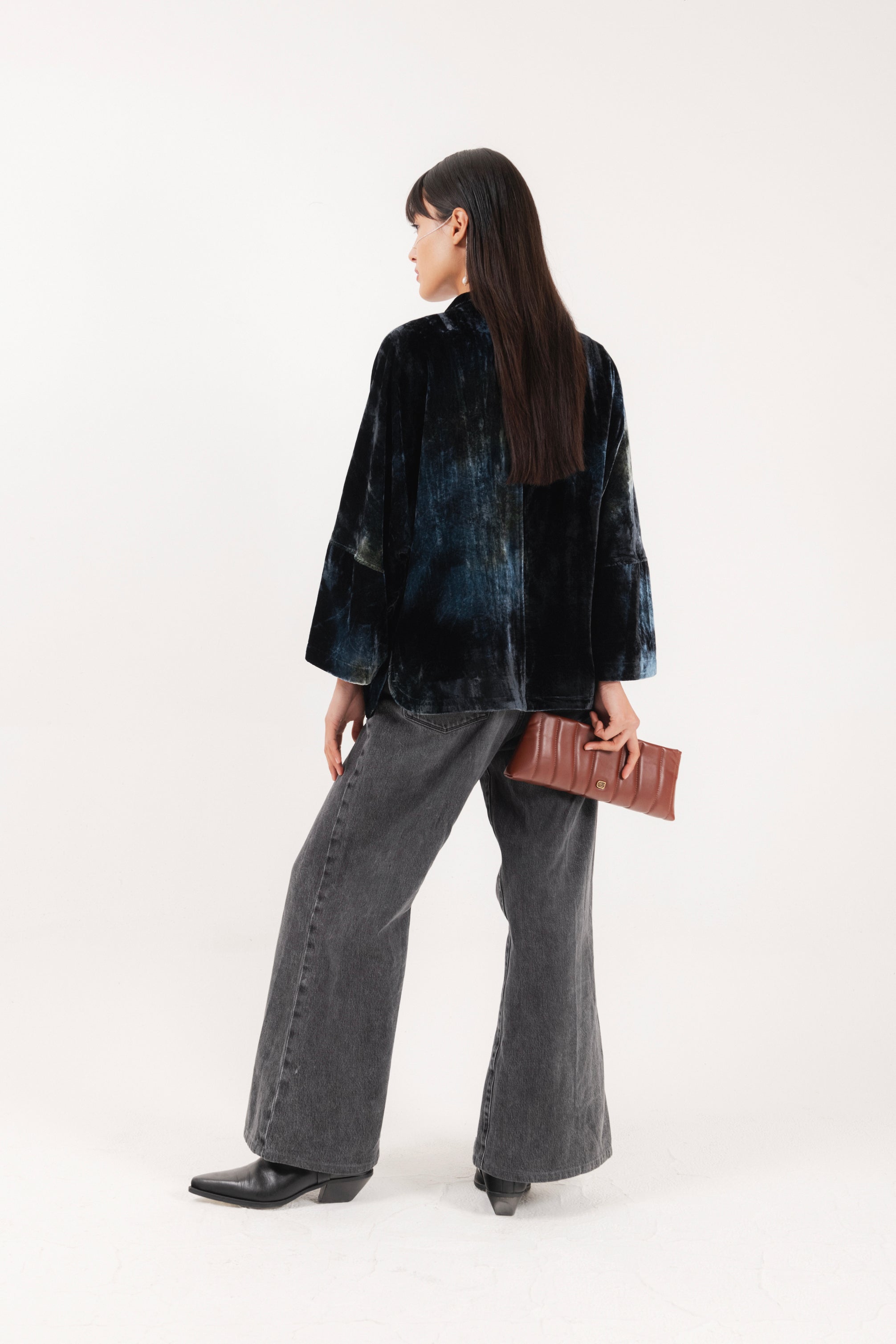 Caban corto in velluto colore blu petrolio