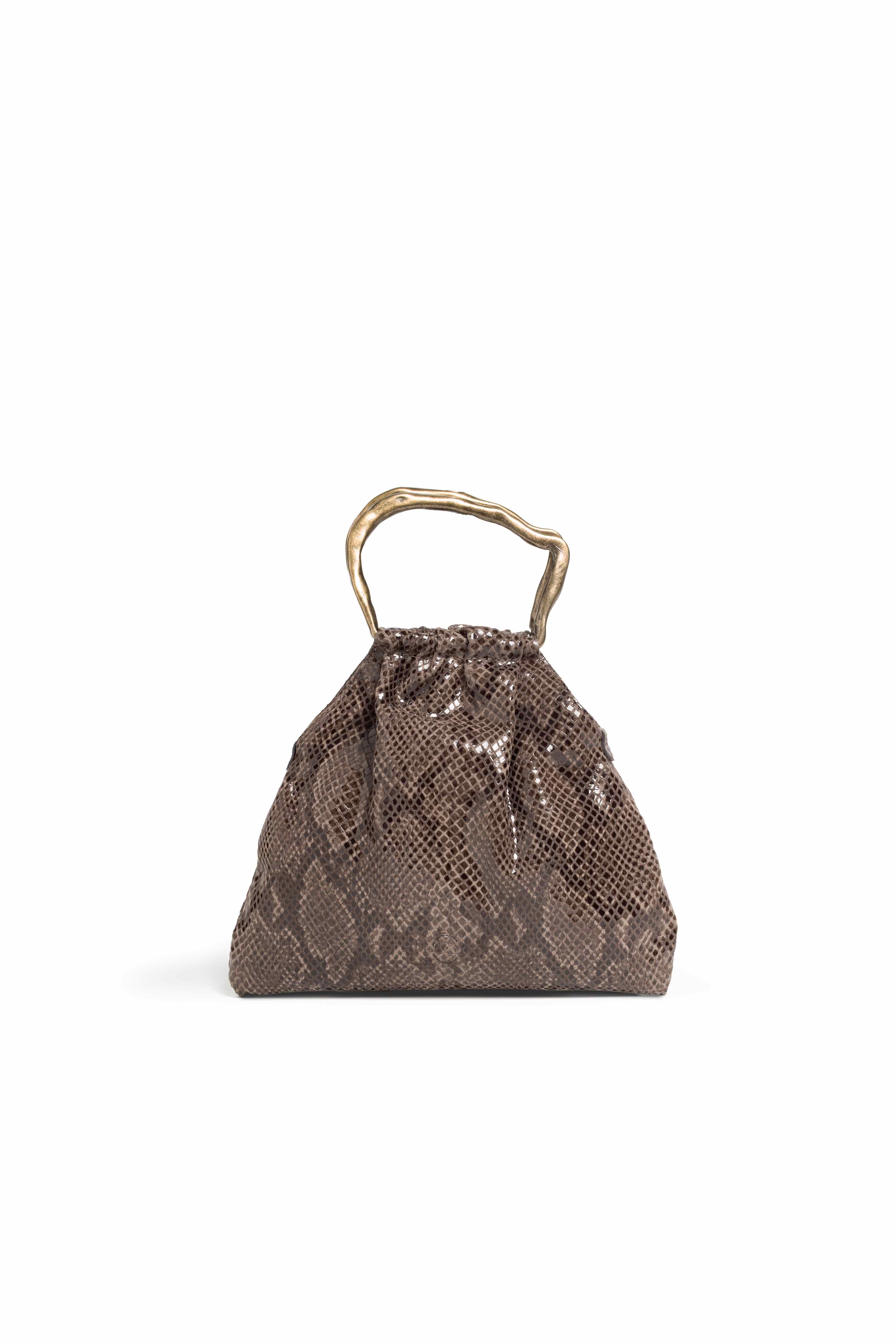 Mini bag pouch in pelle colore marrone effetto pitone con manico oro