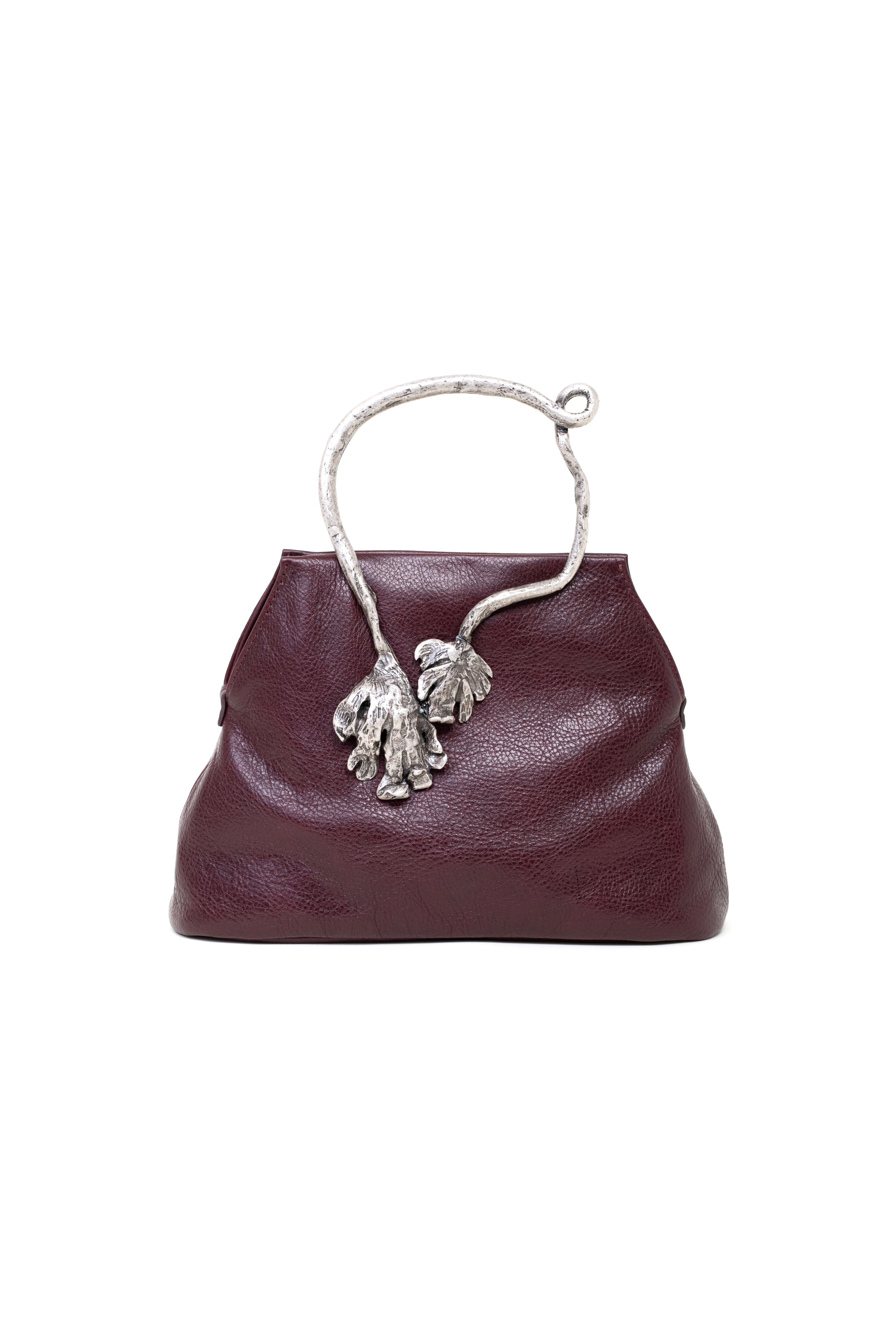 Mini bag in pelle colore bordeaux con manico foglia