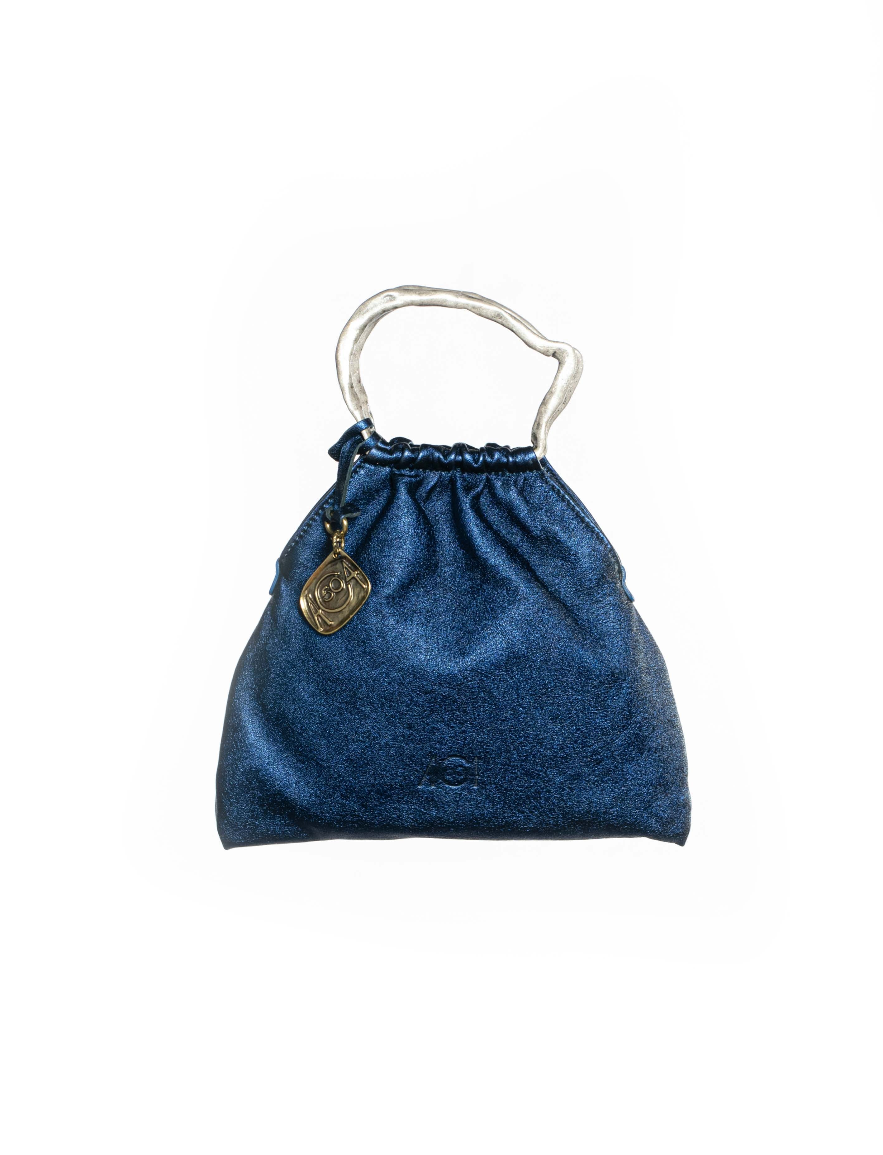 Mini borsa a sacchetto in pelle blu fronte