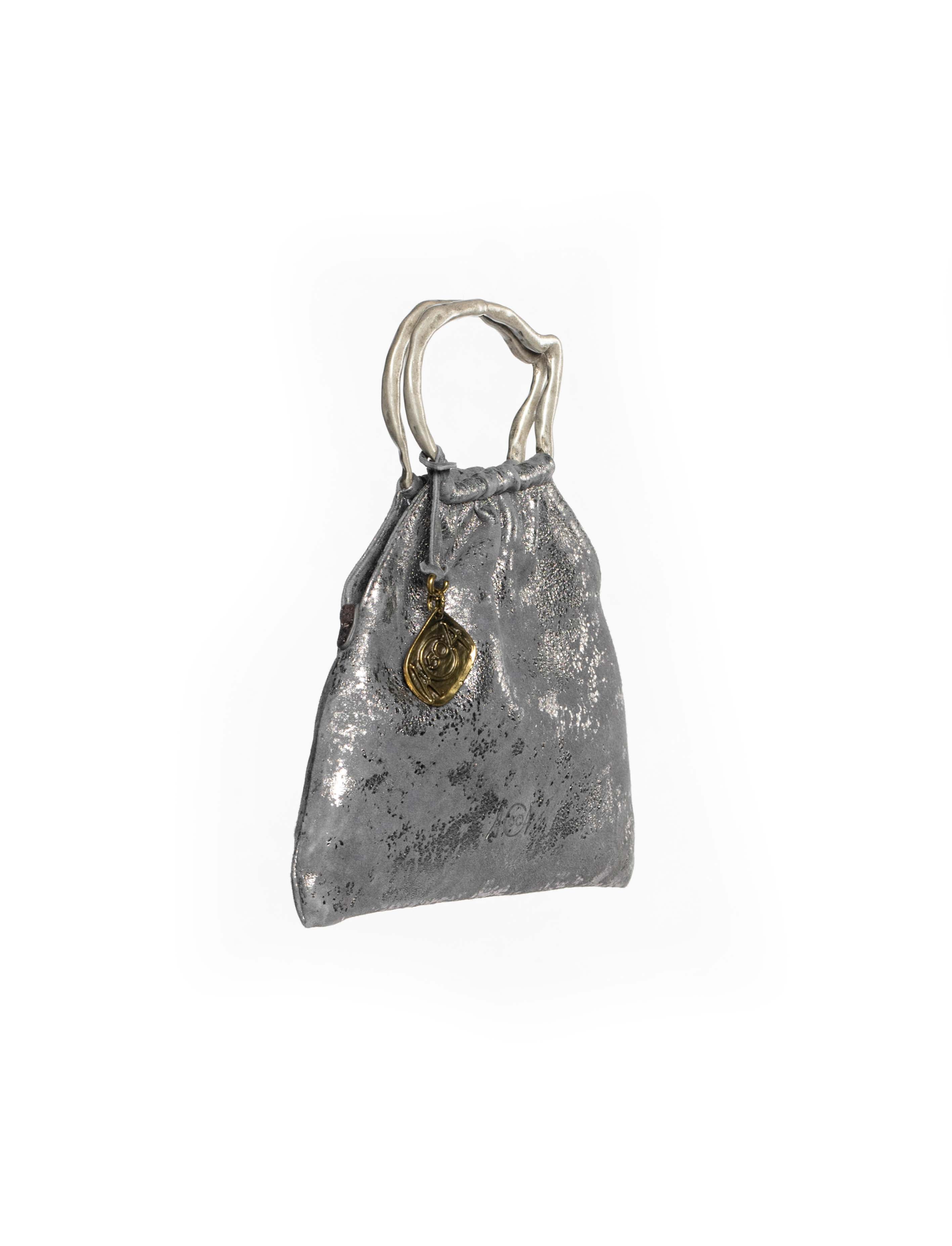 Mini borsa a sacchetto in pelle grigio lato