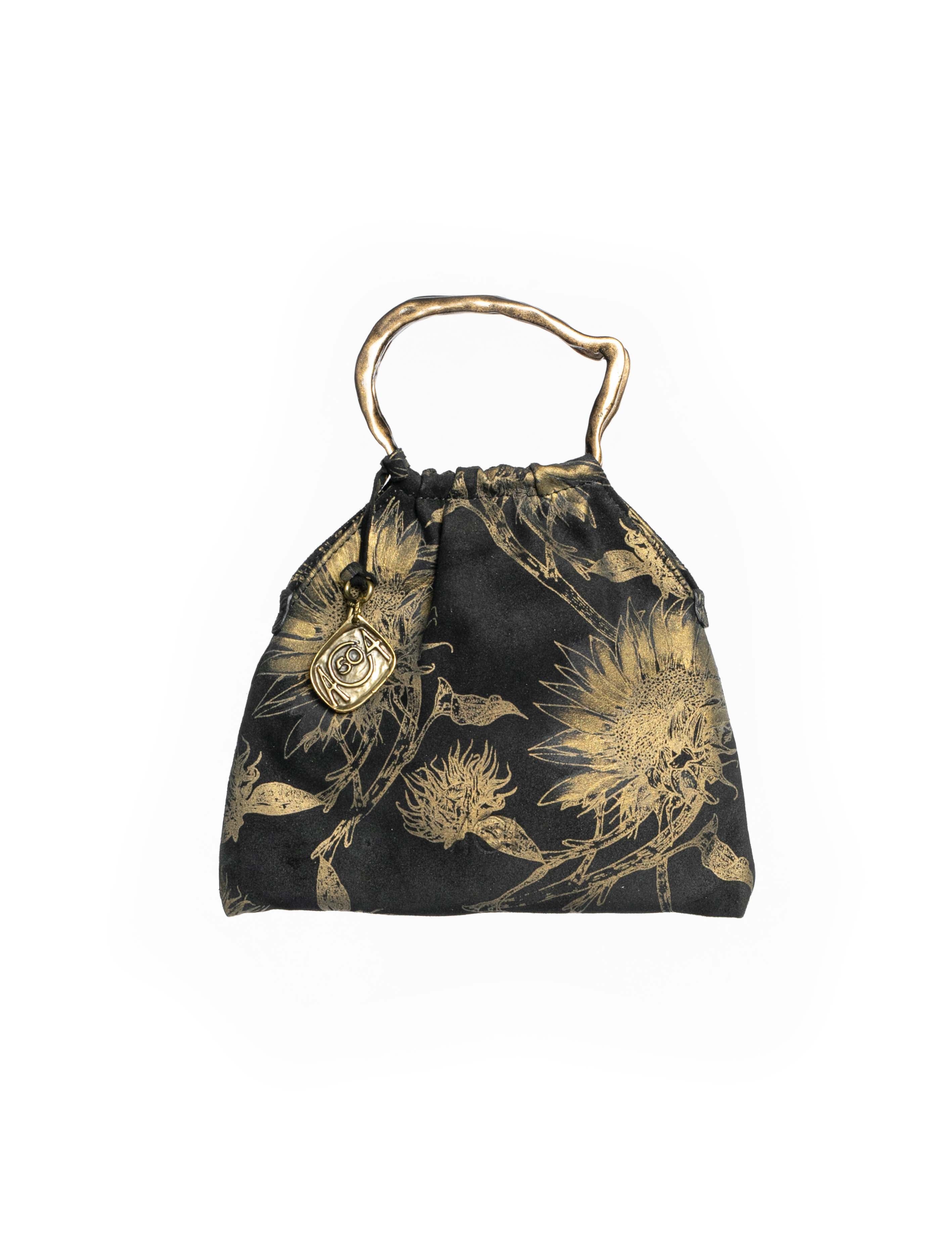 Mini borsa a sacchetto in pelle nero e oro fronte