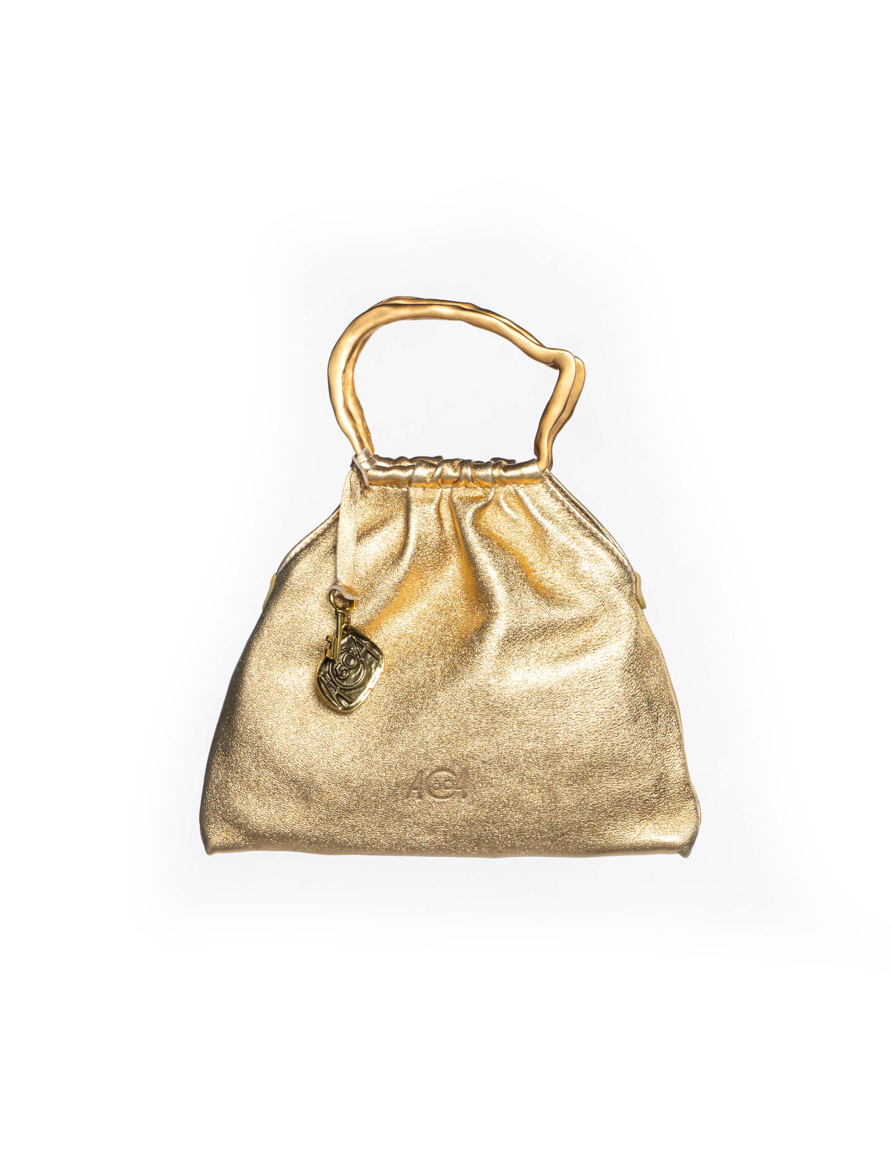 Mini borsa a sacchetto in pelle oro fronte