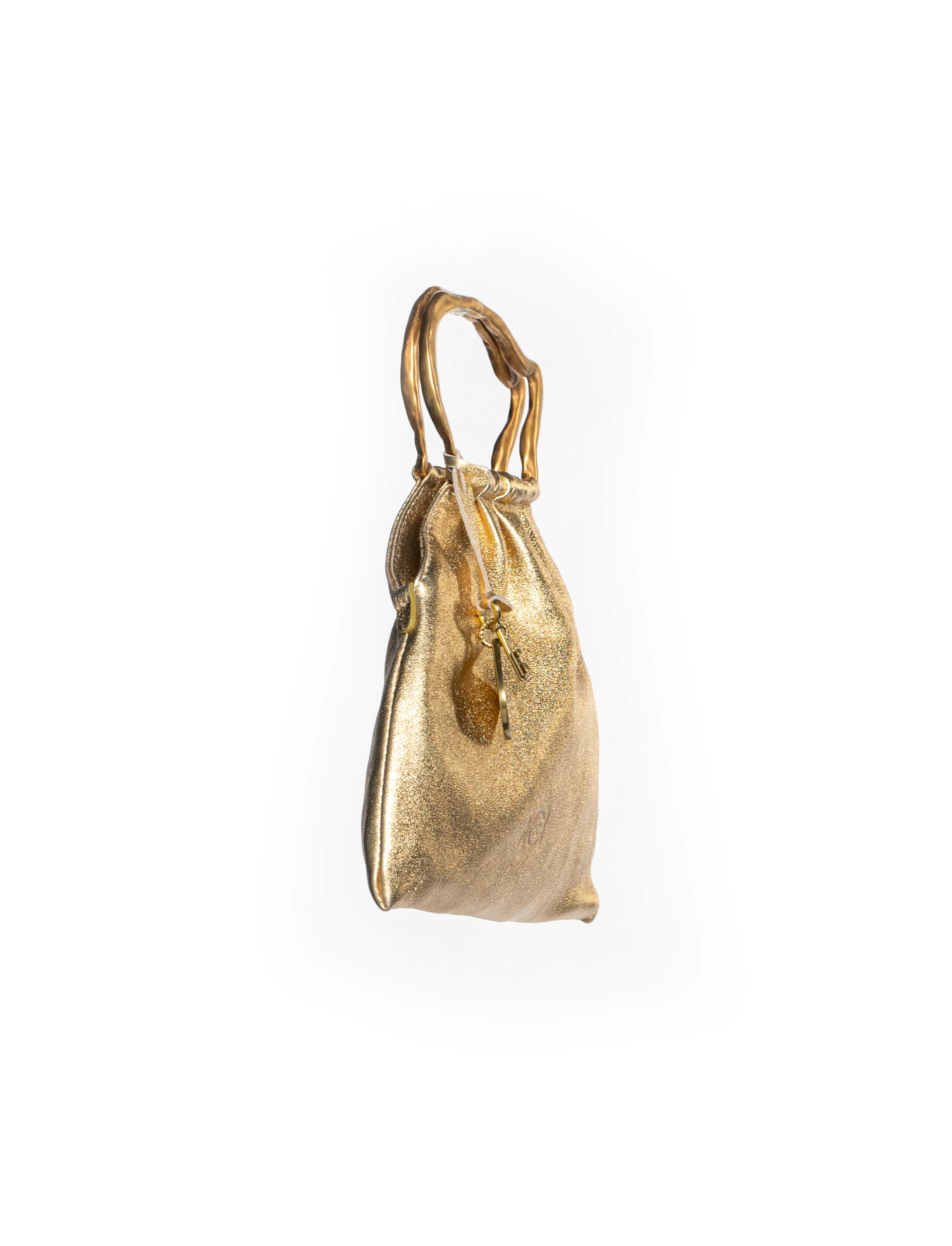 Mini borsa a sacchetto in pelle oro lato