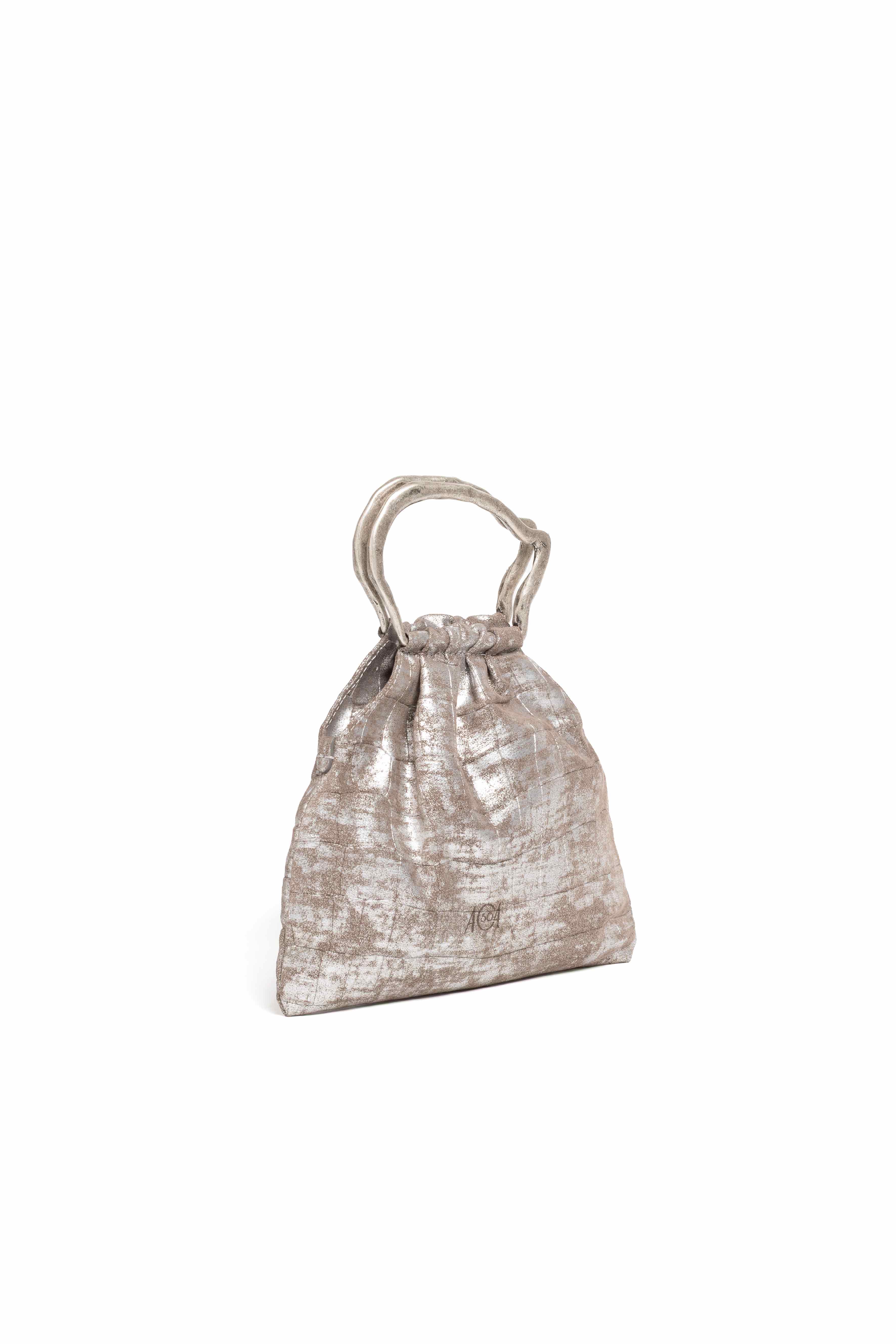 Mini bag pouch in pelle metalizzata colore grigio effetto coccodrillo con manico argento