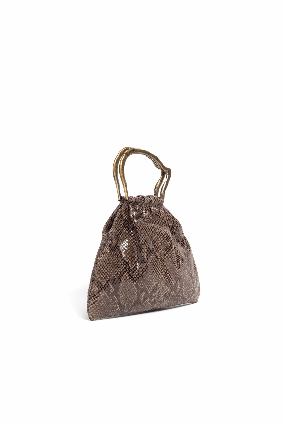 Mini bag pouch in pelle colore marrone effetto pitone con manico oro