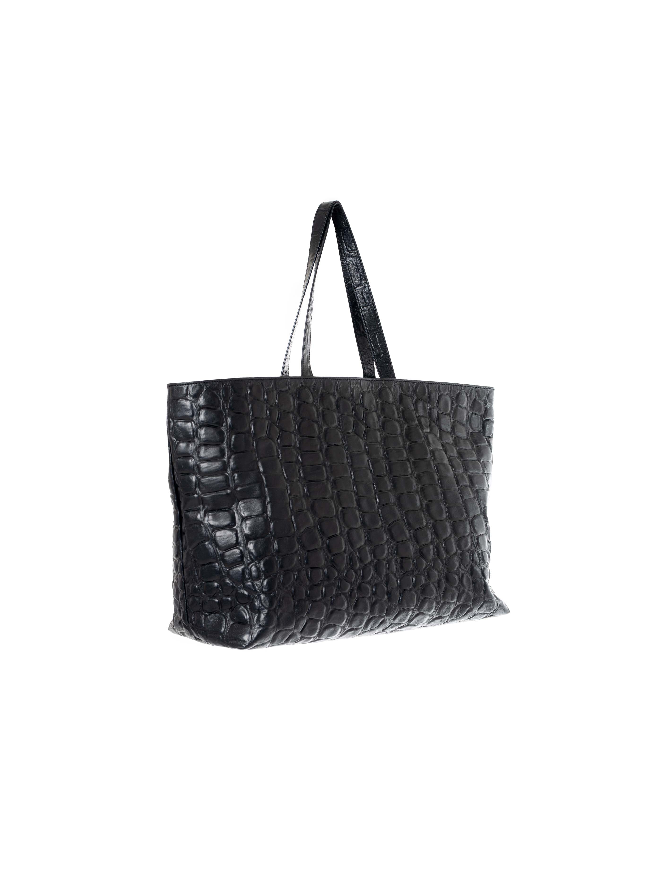 Shopping bag in pelle colore nero effetto coccodrillato